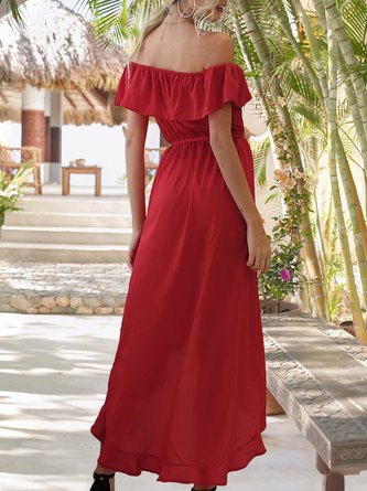 Horizontal Neck  A-Line Ruffled Maxi Dress