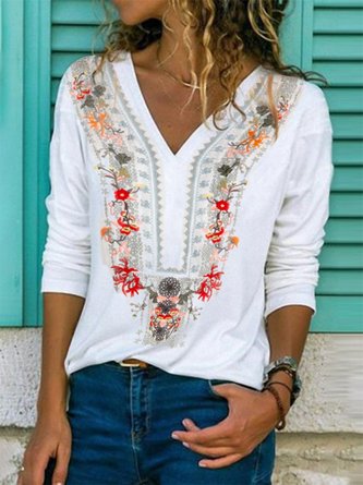 Casual Plus Size Printed V Neck Long Sleeve Top