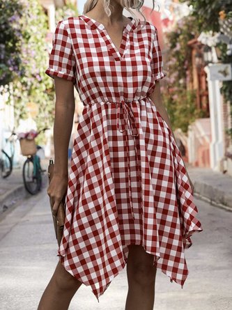 V Neck Holiday Drawstring Checkered/plaid Mini Dress