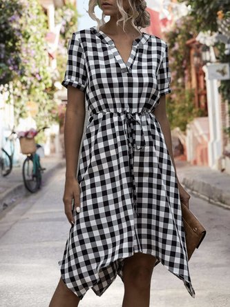 V Neck Holiday Drawstring Checkered/plaid Mini Dress
