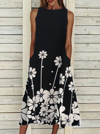 Black Sleeveless Crew Neck Cotton-Blend Dress