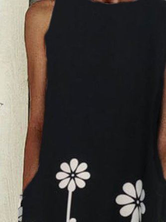 Black Sleeveless Crew Neck Cotton-Blend Dress