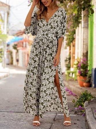 V Neck Green Boho Floral Maxi Dress