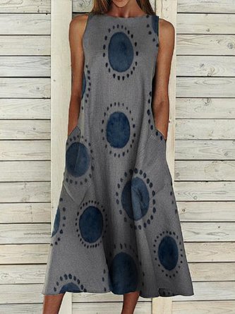 Gray Pockets Round Neck Sleeveless Dress
