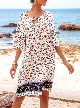 White Floral Shift Boho Mini Dress