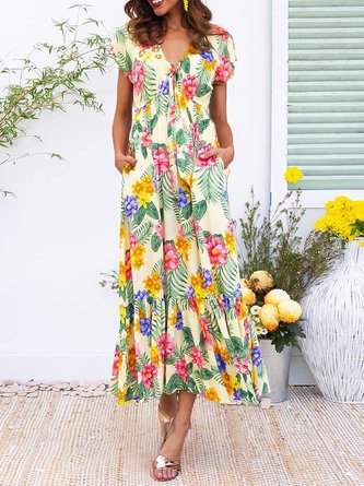 Summer Maxi Dress Plus Size Pockets Plants Dress