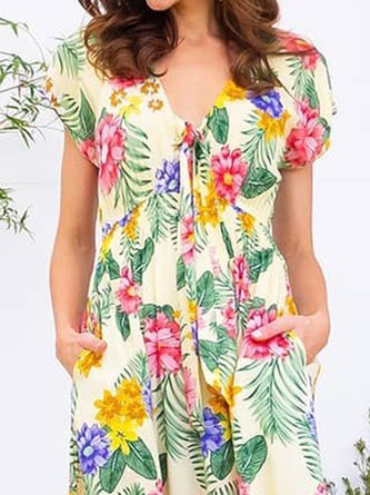 Summer Maxi Dress Plus Size Pockets Plants Dress