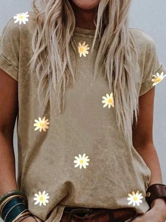 Khaki Printed Round Neck Patchwork Short Sleeve Top