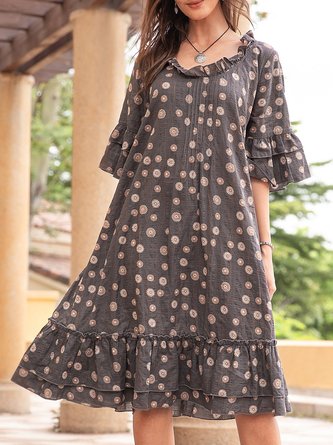 Ruffled Gray Shift Holiday Cotton Ruffled Midi Dress