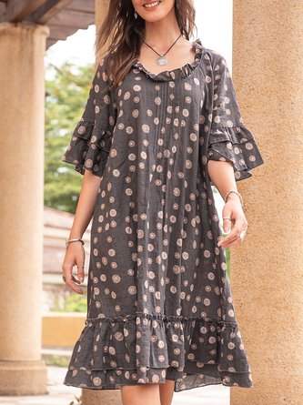 Ruffled Gray Shift Holiday Cotton Ruffled Midi Dress