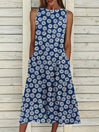 Floral Casual Crew Neck Sleeveless Dress