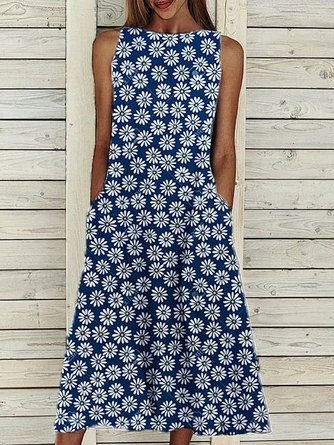 Floral Casual Crew Neck Sleeveless Dress