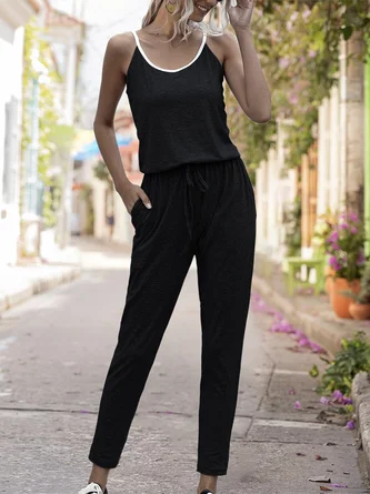 V Neck Solid Casual Shift One-Pieces Jumpsuit