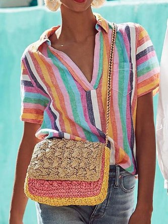 V Neck Shift Stripes Casual Blouse