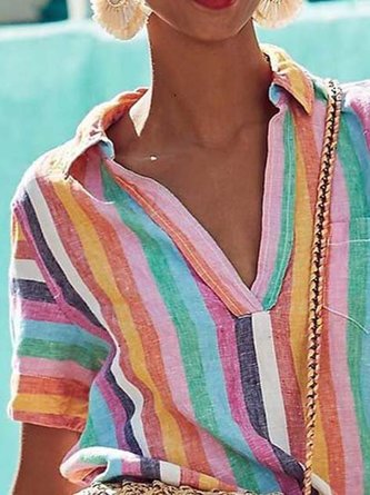 V Neck Shift Stripes Casual Blouse