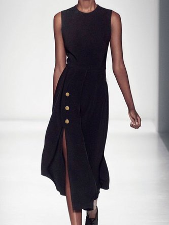 Plus Size Crew Neck Cotton-Blend Vintage Plain Dress