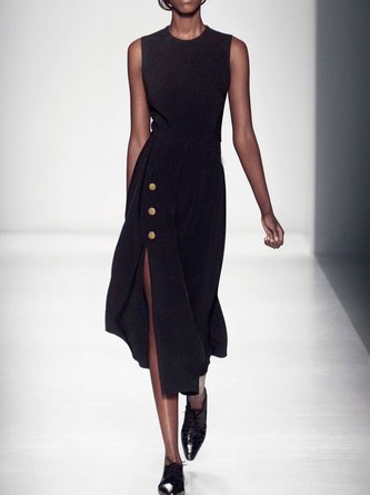 Plus Size Crew Neck Cotton-Blend Vintage Plain Dress