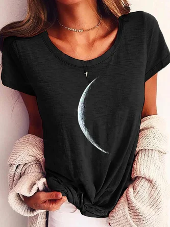 Black Moon Printed Club Daily Casual Short Sleeve Shift Top
