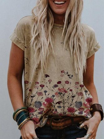 Khaki Simple Round Neck Printed Cotton-Blend Top