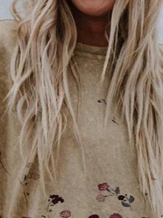 Khaki Simple Round Neck Printed Cotton-Blend Top