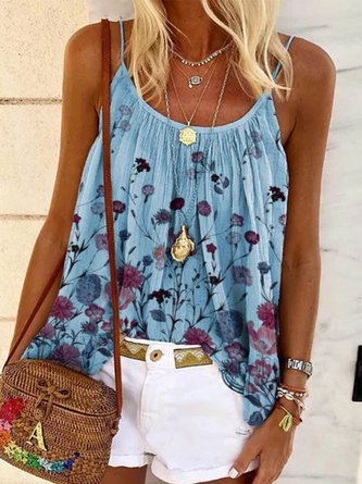 Blue Printed Simple Cotton-Blend Top