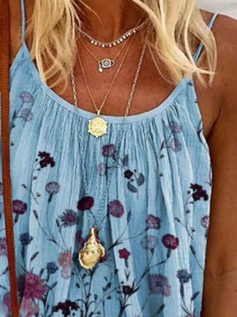 Blue Printed Simple Cotton-Blend Top