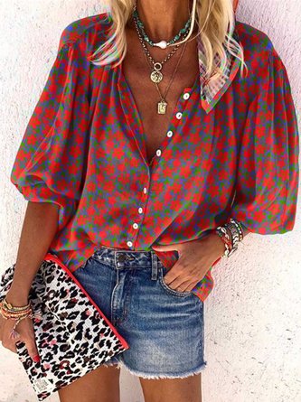 Long Sleeve V Neck Jacquard Blouse