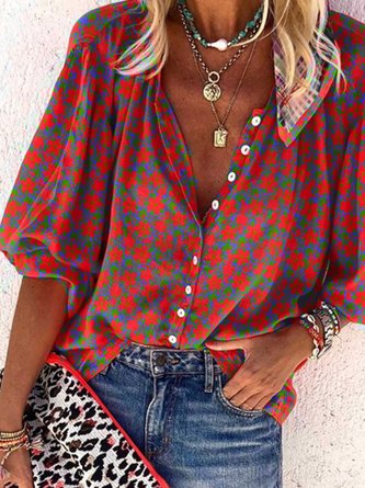 Long Sleeve V Neck Jacquard Blouse