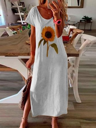Vintage Boho Sunflower Printed Plus Size Short Sleeve Crew Neck Casual Dress