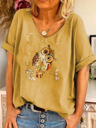 Owl Print V-Neck Short Sleeves Casual Blouse