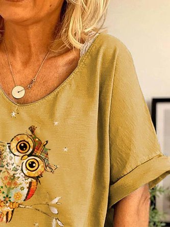 Owl Print V-Neck Short Sleeves Casual Blouse