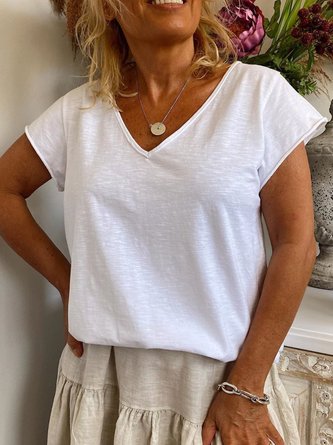 White Short Sleeve Casual Solid Top