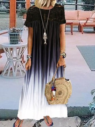 Vintage Short Sleeve Statement Ombre Lace Crew Neck Plus Size Casual Dresses