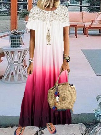 Vintage Short Sleeve Statement Ombre Lace Crew Neck Plus Size Casual Dresses