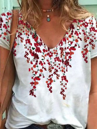 Casual Short Sleeve Cotton-Blend Floral-Print Top