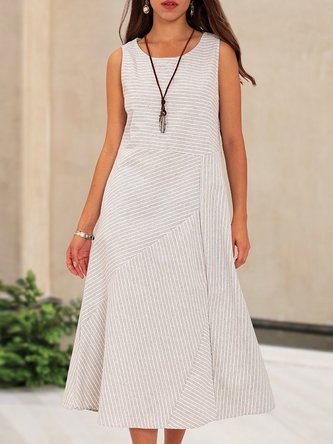 Gray Paneled Sleeveless Stripes Shift Midi Dress