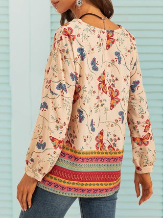 Butterfly Printed Long Sleeve V Neck Shift Blouse