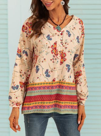 Butterfly Printed Long Sleeve V Neck Shift Blouse