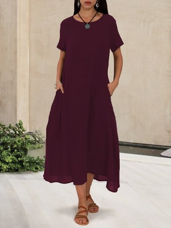 Solid Pockets Short Sleeve Simple Midi Dress