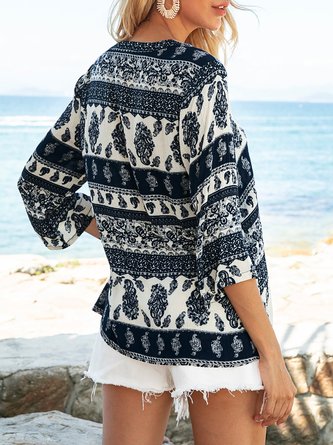 Purplish Blue Tribal Vintage V Neck Shift Top