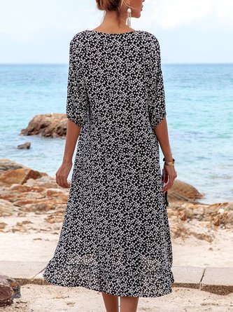 V Neck Black A-Line Beach Floral-Print Midi Dress