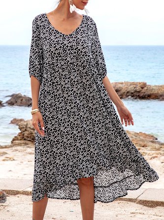 V Neck Black A-Line Beach Floral-Print Midi Dress