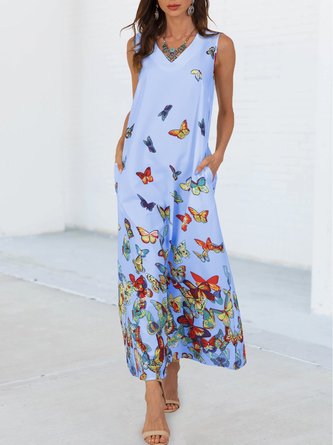 Butterfly Sleeveless Pockets Shift V Neck Maxi Dress