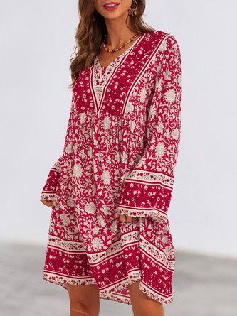 Red Long Sleeve Holiday Floral Mini Dress