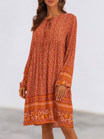 Orange Long Sleeve Floral Shift Boho Mini Dress