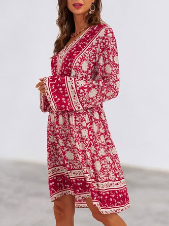 Red Long Sleeve Holiday Floral Mini Dress