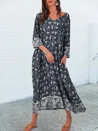 Shift V Neck 3/4 Sleeve Tribal Boho Maxi Dress