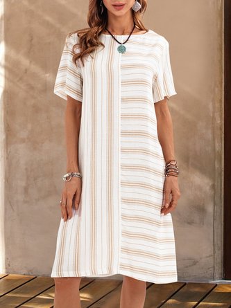 Paneled Short Sleeve Crew Neck Stripes Mini Dress