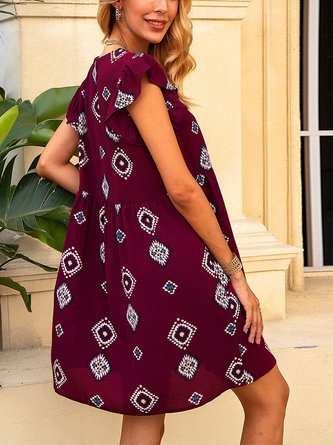 Wine Red Geometric A-Line Short Sleeve Dress