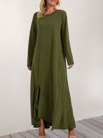 Olive Green Long Sleeve Crew Neck Maxi Dress